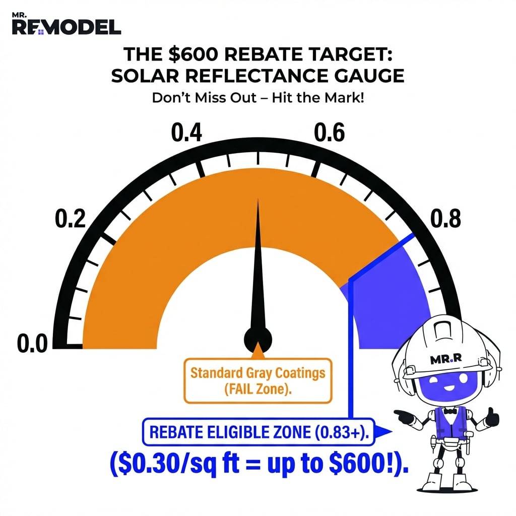 A solar reflectance gauge highlights the 0.83 threshold required to qualify for the SRP cool roof rebate of up to 600 dollars.